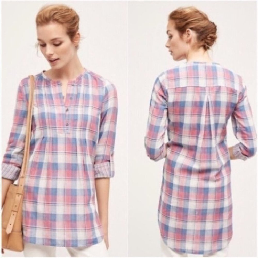 2 Anthropologie Pink Blue Plaid Gauze Tunic